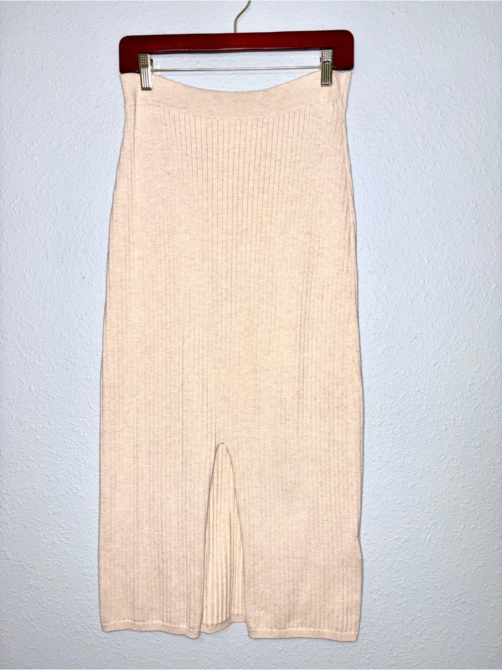 Free People Cream Ribbed Midi Skirt with Front Slit - Picture 2 of 5